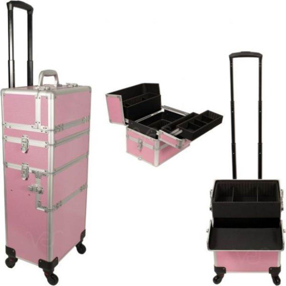Pink Aluminum Rolling Cosmetics Case with Wheels 3 Stackable Removable Slide Tra